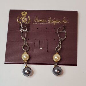 Premier Designs "Megan" Blue/Grey Pearl and White Pearl Earrings